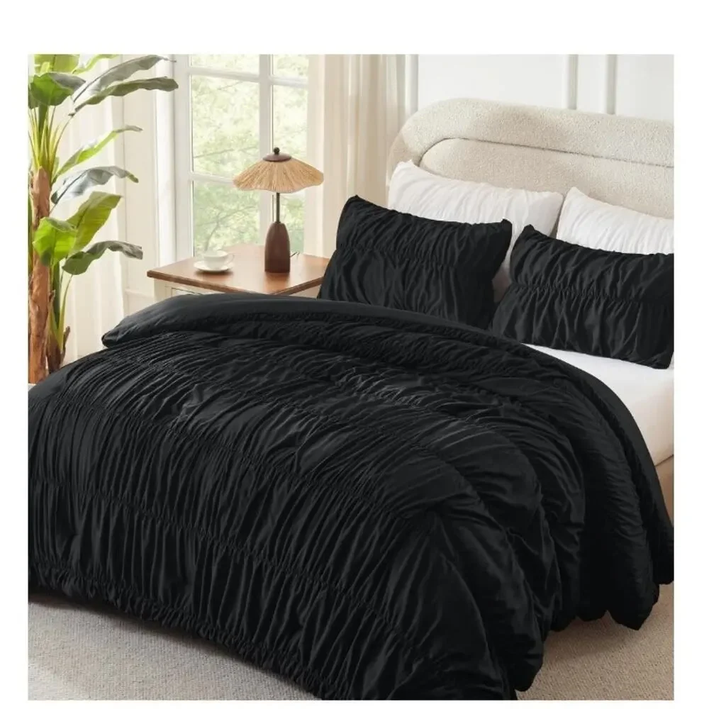 Ruched Black Full Size Comforter 3 Piece Full Set